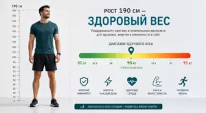 Силуэт мужчины ростом 190 см рядом со шкалой здорового диапазона веса.