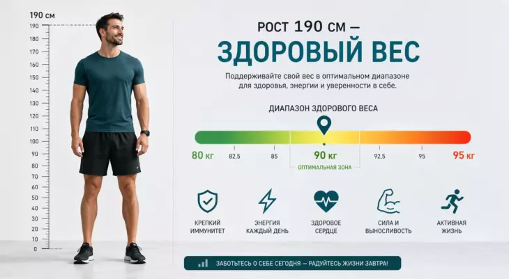Силуэт мужчины ростом 190 см рядом со шкалой здорового диапазона веса.